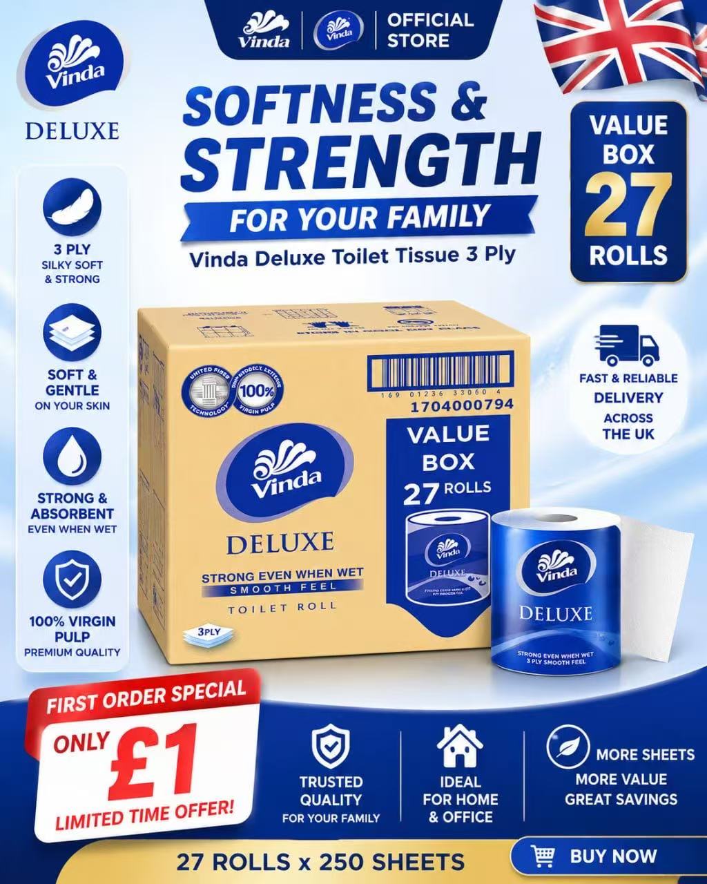0c9cf0aff4df0635e43ad089fdd8f382 Toilet Tissue Vinda Deluxe Smooth Feel Toilet Tissue 3 Ply 27 Rolls × 250 Sheets Free Shipping - Image 1